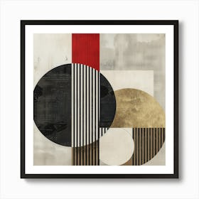 Geometric Balance: Abstract Shapes in White, Black, Red and Gold on Ivory Background Art Print