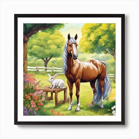 Horse And Rabbit In The Garden Art Print