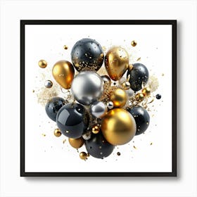 Black, Gold, And Silver Balloons With Confetti Art Print