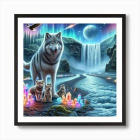 Wolf Family by Crystal Waterfall Under Full Moon and Aurora Borealis 3 Art Print