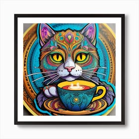 Cat With A Cup Of Tea Whimsical Psychedelic Bohemian Enlightenment Print 2 Art Print