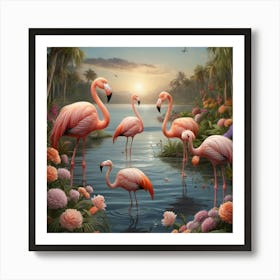 Flamingos At Sunset Art Print