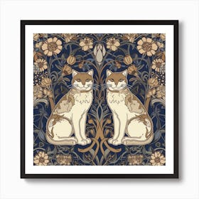 William Morris Classic  Inspired  Cats Blue And Brown Square Art Print