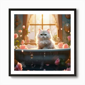 Front View Vintage Victorian Floral Wallpaper A Cute Cat Art Print