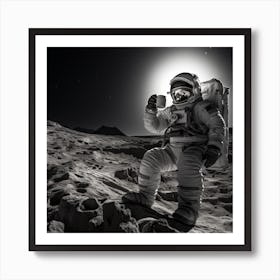 Black And White Photograph Of An Astronaut Drinking Coffee Standing Art Print