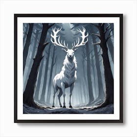 A White Stag In A Fog Forest In Minimalist Style Square Composition 39 Art Print
