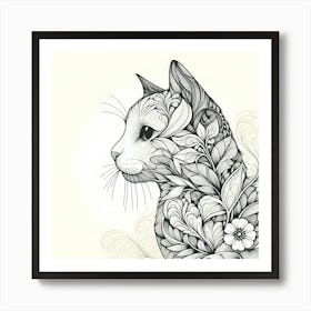 Cat With Flowers And Leaves Art Print