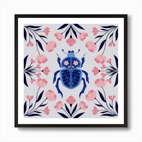 Beetle and flowers - peach and blue Art Print