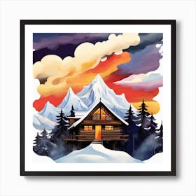 Abstract painting snow mountain and wooden hut 3 Art Print