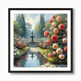 Rose Garden With The Fountain, Acrylic Style Painting 5 Art Print