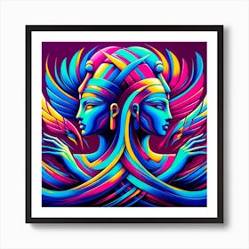 "Pharaohs of Vibrance: Egyptian Royalty Reimagined" - This artwork is a modern reimagining of ancient Egyptian royalty, presented in a mesmerizing array of electric colors that breathe new life into the iconic imagery. The dual profiles, facing opposite directions, symbolize a reflection of the past and future. The piece combines the grandeur of Egypt's history with a neon palette, representing a fusion of timelessness and contemporary art. It's perfect for those who appreciate bold statements and the enduring allure of Egypt's pharaohs, reinterpreted through a lens of striking modernity. Art Print