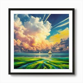 Serene Seascape Painting—a vibrant artwork capturing golden sunbeams piercing through clouds above sailboats on calm waters, ideal for art collectors and maritime decor. Art Print