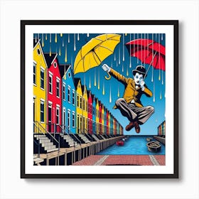 Charlie Chaplin flying with umbrellas Art Print