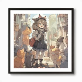 Anime Girl With Cats 1 Art Print