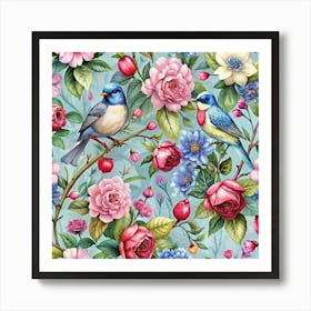 Watercolor Seamless Pattern With Flowers And Birds Art Print