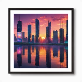A Futuristic Cityscape at Sunset Art Print