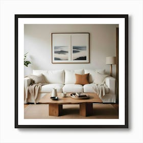 White Couch With Brown Pillows, Wooden Coffee Table, Artwork And Lamp In A Cozy Living Room Art Print