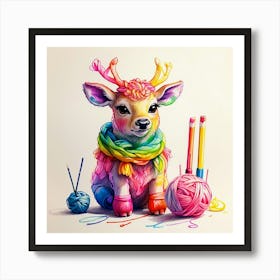 Deer With Knitting Needles 2 Art Print