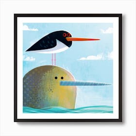 Narwhal with Pesky Oystercatcher Art Print