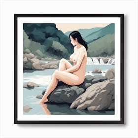 Nude Woman Sitting On Rocks Art Print