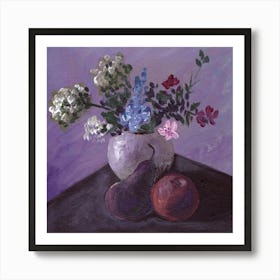 Flowers And Fruits - classical hand painted square purple floral bedroom living room figurative Art Print