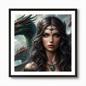 Fantasy Girl With Dragons Art Print