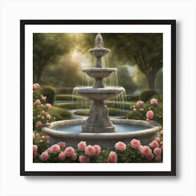 A quiet garden with blooming roses and a quiet fountain Art Print