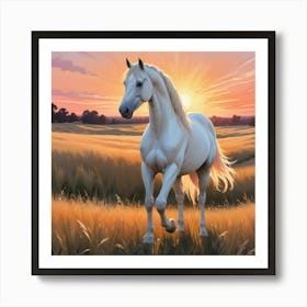 White Horse In The Field At Sunset 2 Art Print