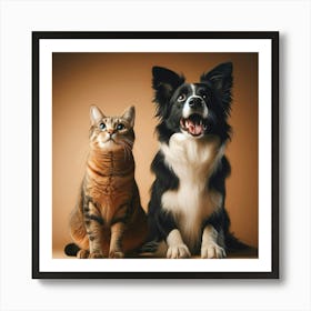 A ginger cat and a Border Collie sit together, looking up at something just out of frame, with a warm brown background Art Print