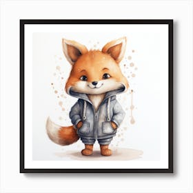 Watercolour Cartoon Fox In A Hoodie 2 Art Print