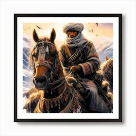 Young Moroccan Rider On His Horse By Atlas Mountains Color Drawing Art Print