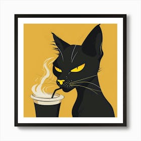 Black Cat Drinking Coffee Art Print