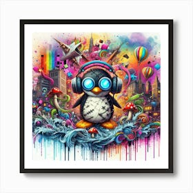 Penguin With Headphones 9 Art Print