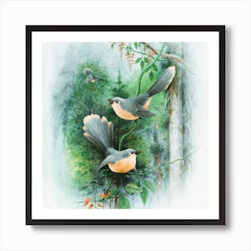 Two Birds Perched On Branches Art Print