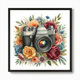 Vintage Camera With Flowers Art Print