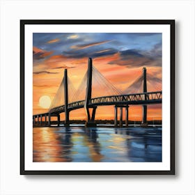 Sunset over the Arthur Ravenel Jr. Bridge in Charleston. Blue water and sunset reflections on the water. Oil colors.6 Art Print