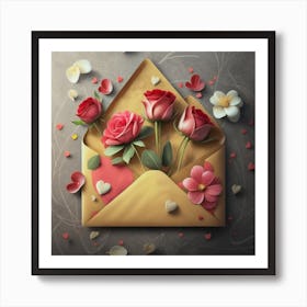 An open red and yellow letter envelope with flowers inside and little hearts outside 1 Art Print
