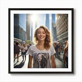 Confident Young Woman Smiling Radiantly Dressed In A Trendy T Shirt Stands At The Center Of A Bus (5) Art Print