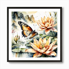 Watercolour Butterflies over Lilly Pond III Art Print