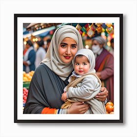 Muslim Woman Holding Baby In Market Art Print