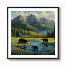 Bears By The Stream Art Print