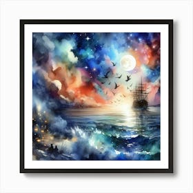 Ship In The Night Sky Art Print