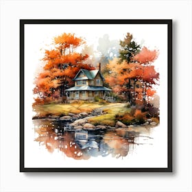 Autumn House By The Lake Art Print