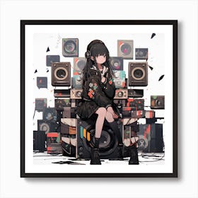 Anime Girl Sitting In Front Of Speakers 1 Art Print