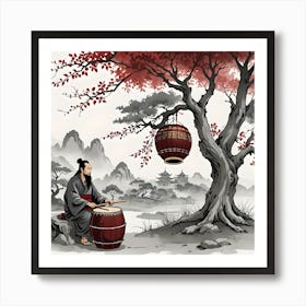 Chinese Landscape With Musician Under A Tree Playing Drum, Red, Black and White Poster