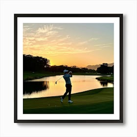 Golfer Mid Swing At Sunset Silhouette Against The Fading Light On A Serene Golf Course Shadows Elo 2 1 Affiche