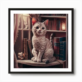 Cat In Bookshelf Art Print