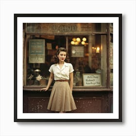 Vintage Inspired Photograph Young Lady Positioned In Three Quarter View Poised Elegantly Beside An Art Print