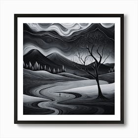 Black and White Abstract Painting River Art Print