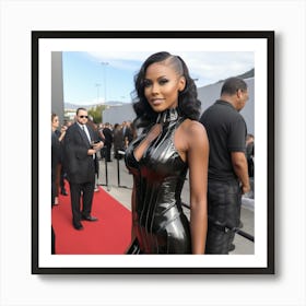 A Sexy Black Woman In A Latex Dress Attending on Red Carpet Slim Curvey Shoulders - Created by Midjourney Art Print